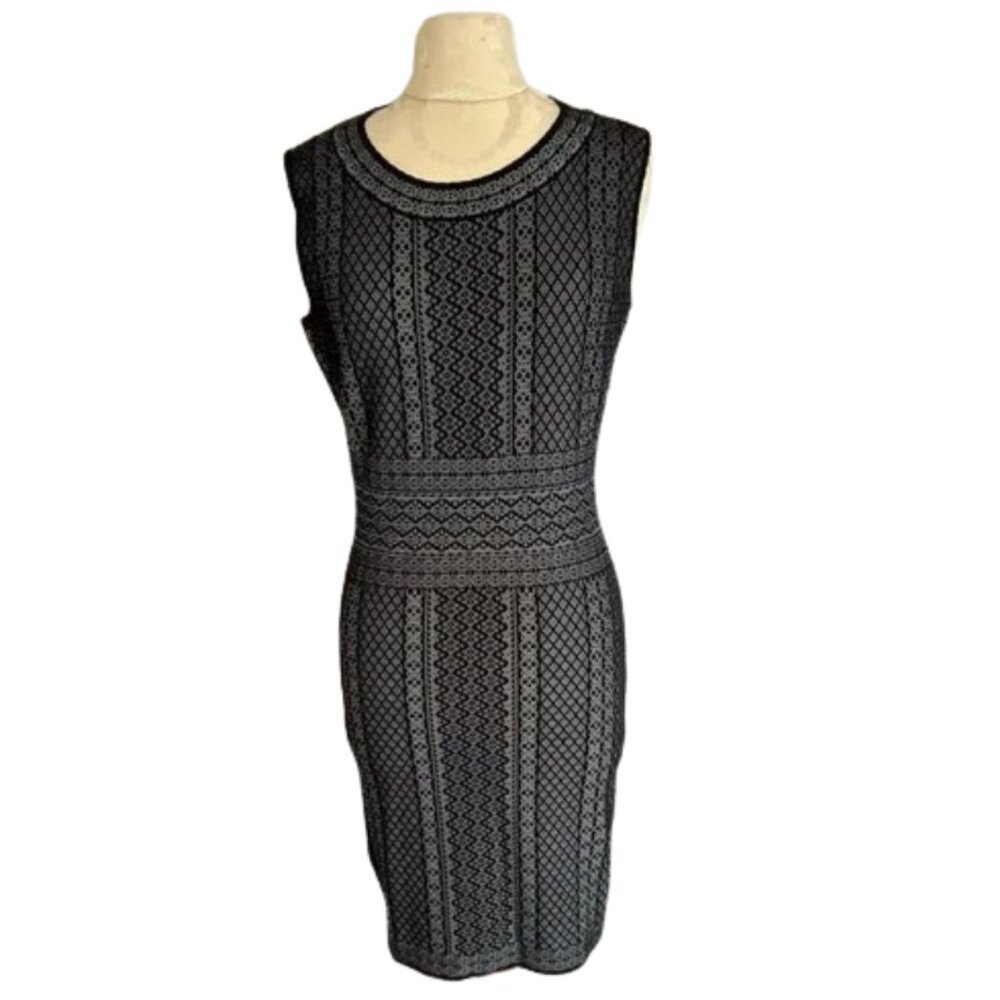 BCBG Max Azria Women Size L Black Jose Dress Fitted Geometric knit NWT Stretch